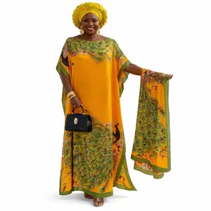Luxury African Peacock Print Women's Open-Front Robe | Loose Long Dress | Elegant Plus-Size Resort Wear,Yellow Peacock Print Kaftan Dress with Matching Headwrap - Plus Size African Maxi Dress Set