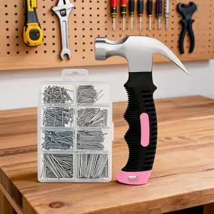 Women's Pink Picture Hanger Hardware Tool Set - 560 Small Steel Picture Nails, 8-oz Small Plastic Hammer, Ideal Gift for Hanging Canvas Wall Art, Photo Frames on Windows, Living Rooms