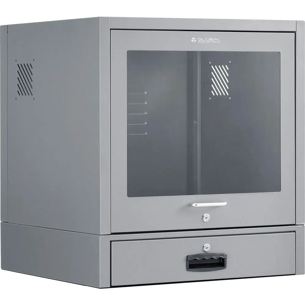 Global Industrial 607294DG Countertop CRT Computer Cabinet - Dark Gray, 21" Diagonal, Powder Coated, Heavy-Duty Metal Base, 24-1/2"w x 22-1/2"d x 27-1/8"h, Assembly Required, Cable Management Ports, Office Commercial Furniture, Optional Ac Fan Kit