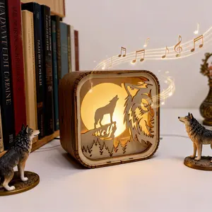 Howling Wolf Wooden Wind-Up Music Box Decor, 3D Animal Silhouette Light Box, Layered Laser Cut Artwork, Perfect for Gifts Like Valentines & Birthdays