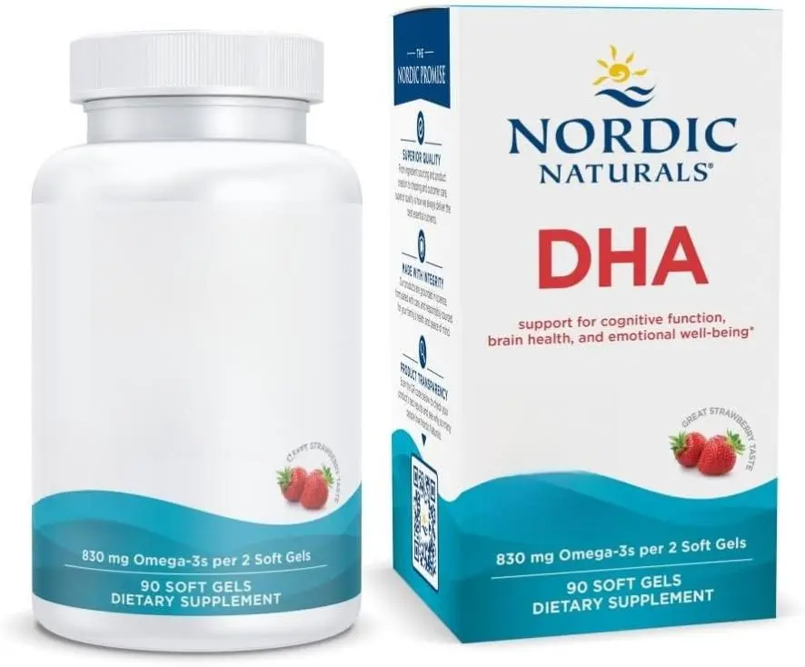 DHA, Strawberry - 90 Soft Gels - 830 mg Omega-3 - High-Intensity DHA Formula for Brain & Nervous System Support - Non-GMO - 45 Servings