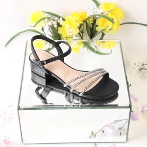 Lady heel open toe rhinestone embellish block heel ankle strap with buckle