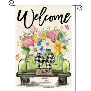 Spring Tulip Garden Flag 12x18 Inch Double Sided Outside, Seasonal Flower Truck Rustic Yard Outdoor Flag