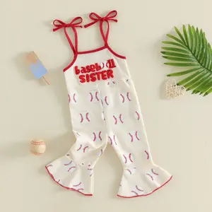 Infant Baby Girls Overalls Letter Baseball Embroidery Sleeveless Bell Bottoms Jumpsuit Spring Summer Romper 6M-3Y