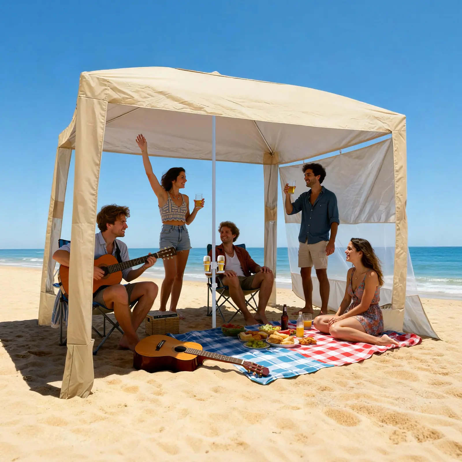VEVOR Cool Cabana Beach Tent, 8x8 ft Lightweight Canopy with UPF 50+ Sun Protection, Portable Sun Shelter with Adjustable Height and Side Wall with Mesh Venting, Party Beach Cabana At The Beach