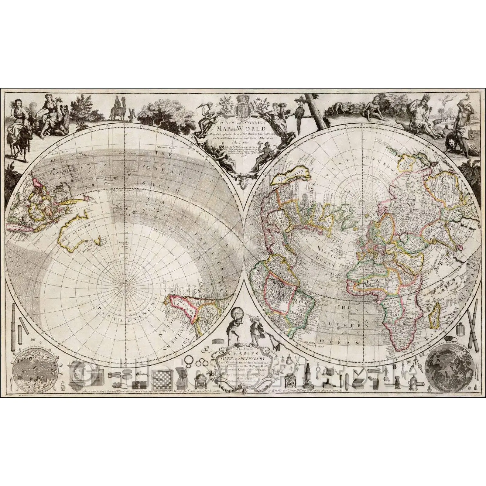 World - Double Hemisphere Map, 1714 - Historical Map Print