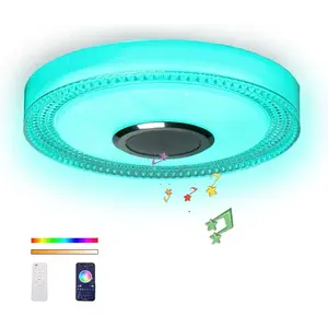 Ceiling Light with Bluetooth Speaker, 3000K-6500K 2100LM RGB Colors Changing, 18W LED Music dimmable Ceiling Fixture, Smartphone APP+Remote Control, Flush Mount Ceiling Lights for Kid Room, Bathroom…