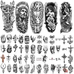 77 Sheets Christian Cross Temporary Tattoo for Women Men, 17 Sheets Half Arm Large Religious Jesus God Fake Tattoos, 60 Angels Black Christ Tiny for Adult Kids Body Tattoos Stickers Realistic