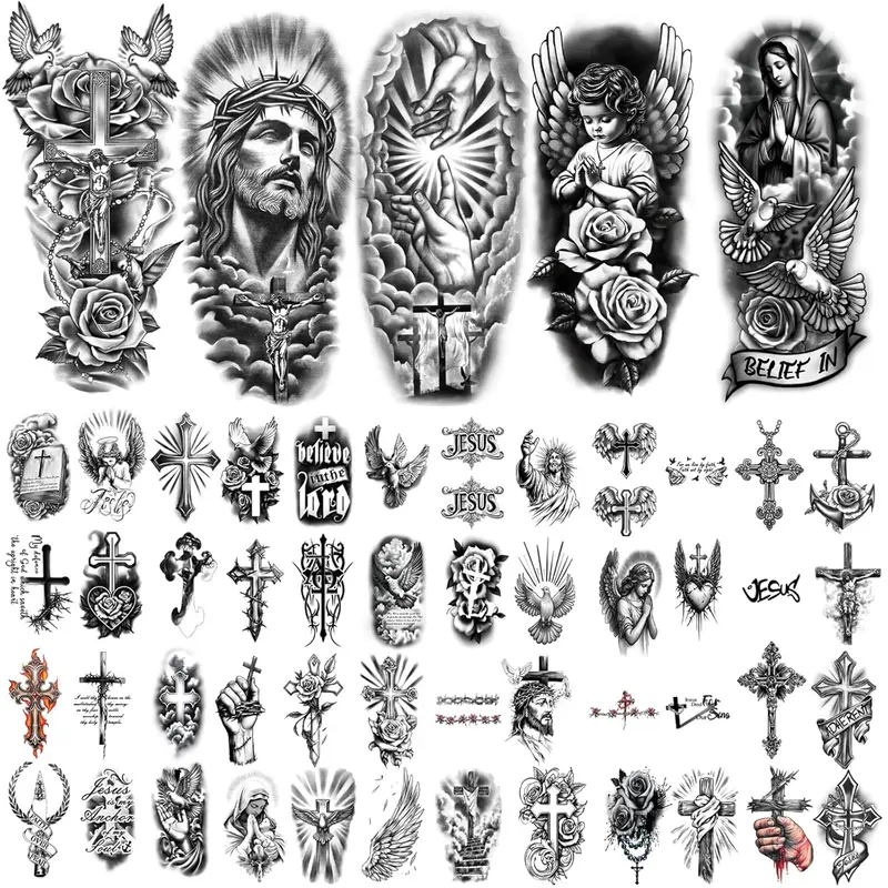 77 Sheets Christian Cross Temporary Tattoo for Women Men, 17 Sheets Half Arm Large Religious Jesus God Fake Tattoos, 60 Angels Black Christ Tiny for Adult Kids Body Tattoos Stickers Realistic
