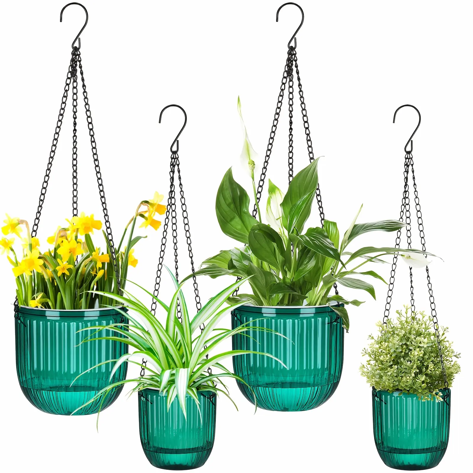 4pcs Self Watering Hanging Planters Indoor 6.5'' 4.5'' Hanging Flower Pots Baskets Outdoor Self Watering Hanging Plant With 3hooks Drainage Holes For Home(Emerald)