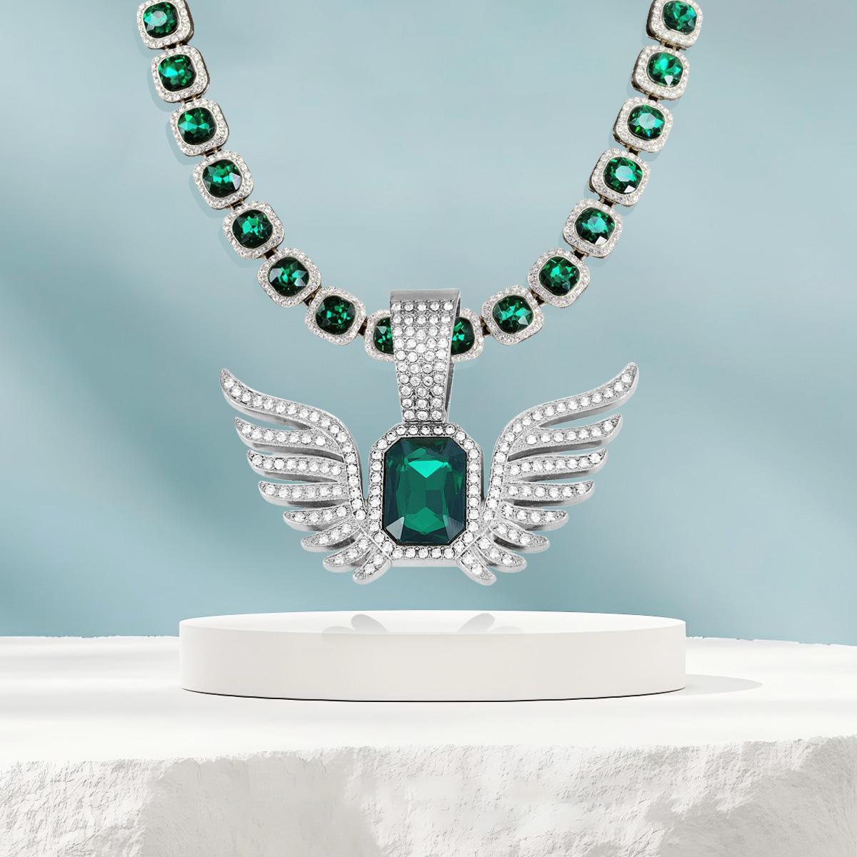 Angel Wing Pendant with Green Square Tennis Chain Sliver Gold Plated Baguette Chain Clustered Diamond Tennis Necklace Bracelet Hip Hop Jewelry for Men Women Birthday Wedding Gifts