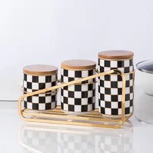 Kitchen Countertop Ceramic Checkered Canisters Set, 3Pcs Grid Pattern Kitchen Jars with Layered Shelves, Sealed Countertop Flour and Sugar Containers, Coffee and Tea Storage