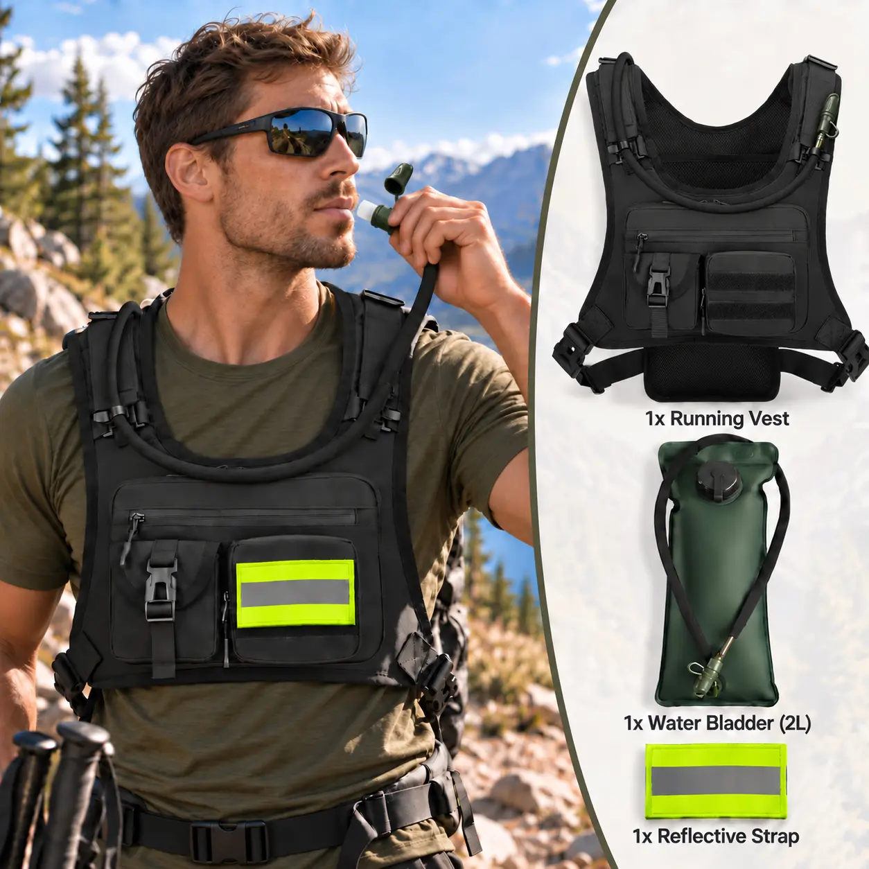 3pcs Tactical Hydration Vest Set: 1 Running Vest Backpack and 67.63oz Water Bladder and 1 Reflective Strip, Hands-Free Drinking System, Lightweight Running Vest, Unisex Chest Backpack for Running, Cycling, Hiking, Marathon