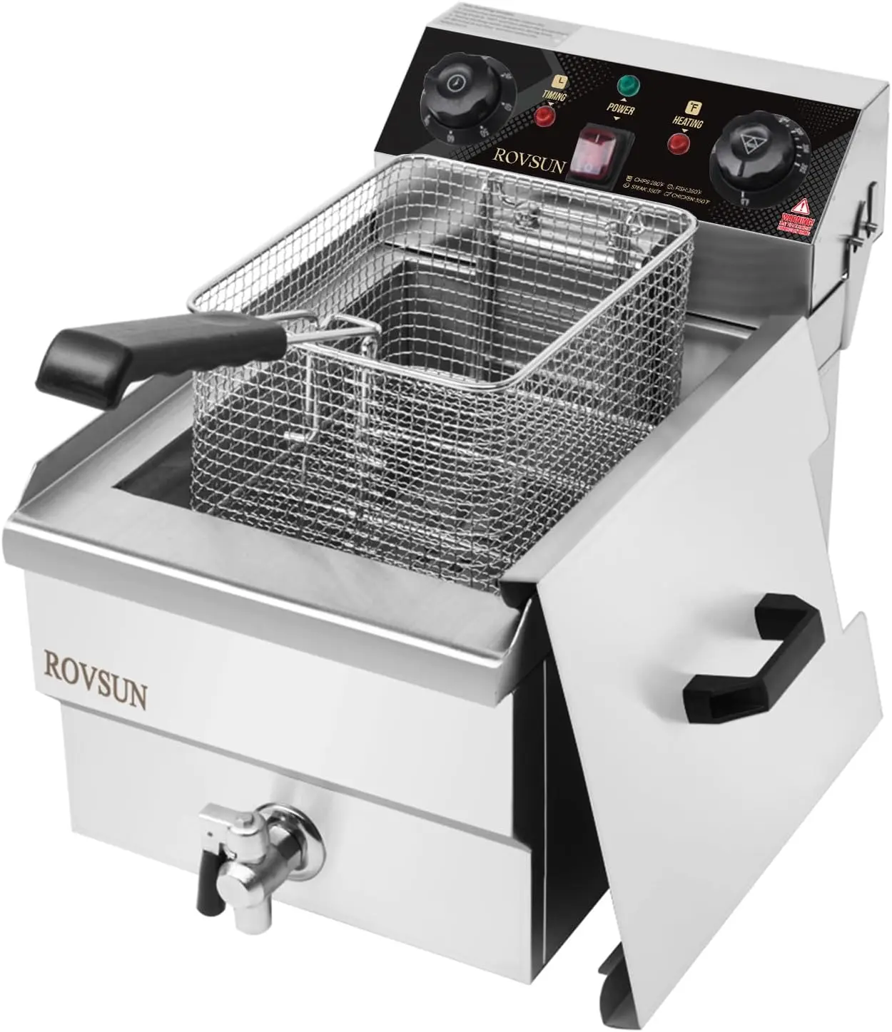 ROVSUN 12.5QT Stainless Steel Commercial Countertop Electric Fryer with Basket, 1700W, Adjustable Temperature, Timer Control, Drain, Lid, 6.55qt Basket, for Restaurants, Parties, French Fries, Corded