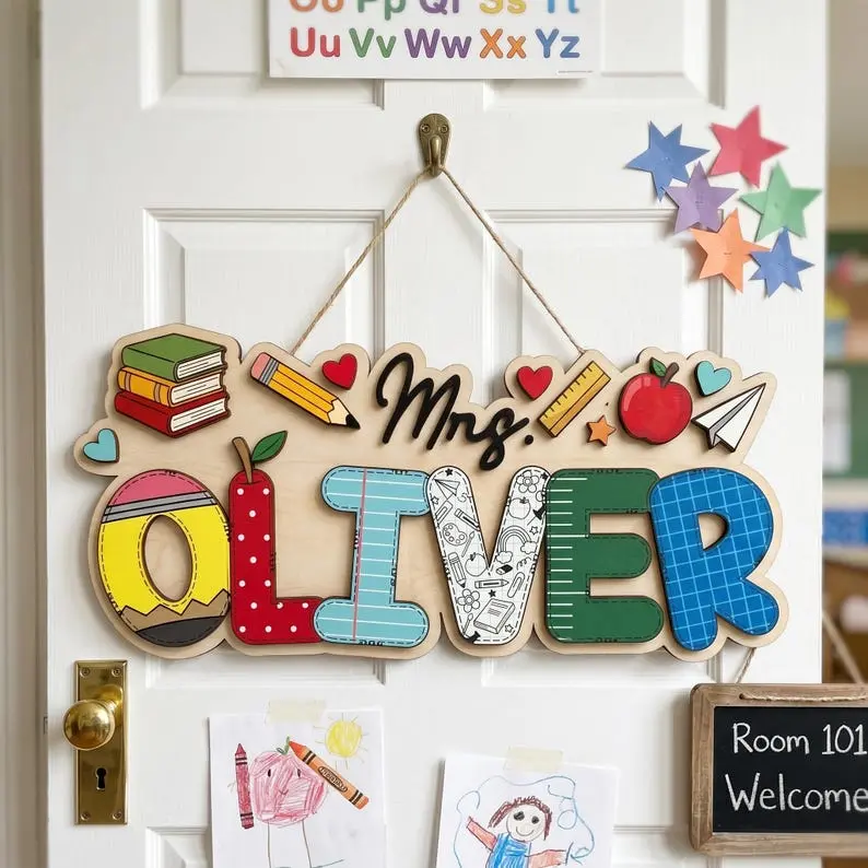 Personalized Teacher Name Sign, Custom Classroom Door Hanger, Back to School Classroom Decor, Back to School Gift, Gift for Teacher, New Teacher Gift, Teacher Door Hanger, Thank you Teacher