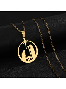 Hot-selling European and American hollow ring pendant with praying figure, stainless steel accessory, handmade component for necklaces
