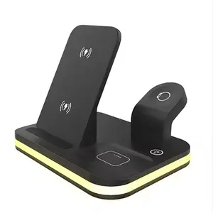 Fast 15W 3 in 1 Wireless Charging Station LED Night Light Space-saving Multi-device Charger Stand for iPhone 16 15 14 13 12 Pro Max Apple Watch 10 9 8 7 SE AirPods Pro 3 2 Qi Fast Charging Dock for Samsung Galaxy S26 S25 S24 Ultra Desktop Organizer