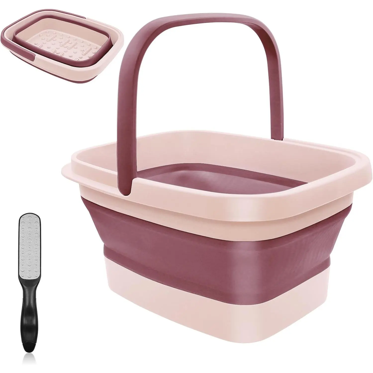 Collapsible Foot Bath Basin for Soaking Feet, Portable Foot Soaking Tub, 15L/4 Gallons Pedicure Bucket with Massage Acupoints, Durable Space-Saving Foot Wash Basin & Feet File (Pink)