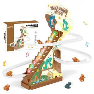 Little Dinosaur Climbing Toy, Electric Dinosaur Climbing Stair Track Slide Toy Set, Little Dinosaur roller coaster toy with flashing lights and music on/off buttons