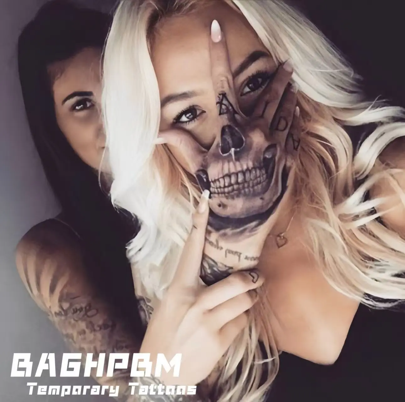 BAGHPBM 2-Sheet Temporary Hand Tattoo Stickers - Grimace Skull Design, Waterproof Realistic Long-Lasting Black Fake Tattoos for Adults, Suitable for Neck, Waterproof Realistic Tattoos