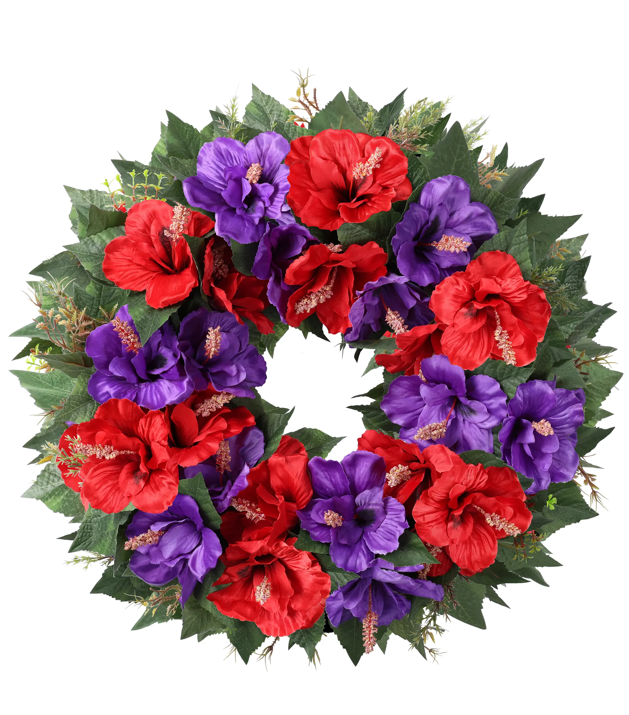 Ivydale Spring Wreaths for Front Door 17.7 Inch Artificial Hibiscus Purple & Red Summer Wreath with UV Resistant Realistic Fake Flowers for Indoor Outdoor Window Wall Farmhouse Porch Home Decor