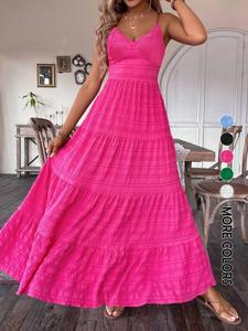 women's plain tie backless boho dress, casual sleeveless spaghetti strap long dress for beach holiday vacation, ladies summer clothes, womenswear