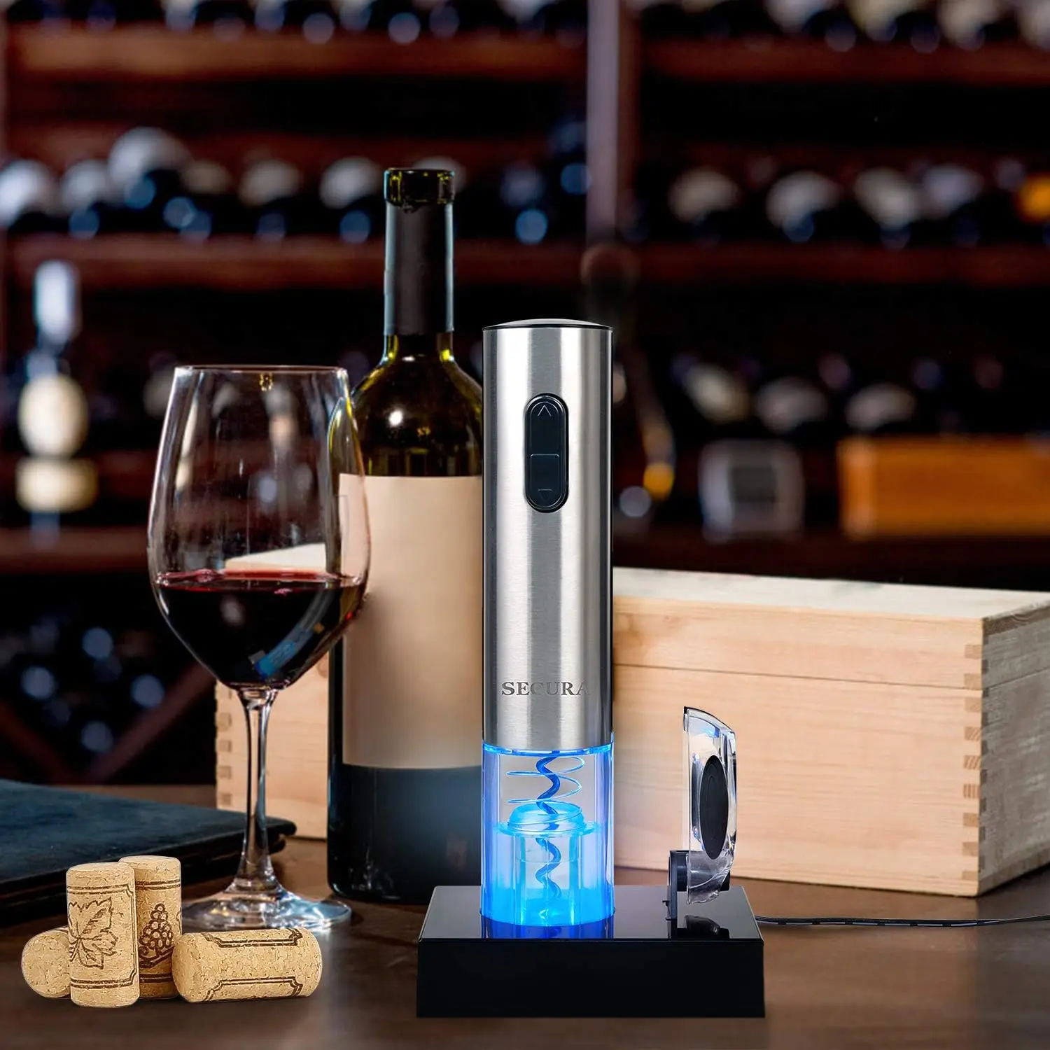 Electric Wine Opener, Automatic Electric Wine Bottle Corkscrew Opener with Foil Cutter, Set with Base,Wine Pourer,Wine Stopper Rechargeable (Stainless Steel)