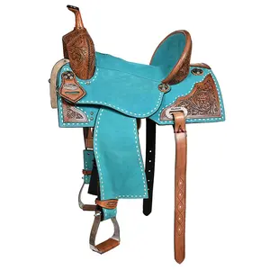 Hilason Western Horse Barrel Flex Tree Trail American Leather Saddle Turquoise Gorgeous Floral Hand Tooled & Carved