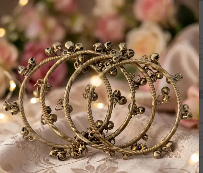 Antique Traditional Kashmiri Ghungroo Bangles Set of 4 - Gold Tone Bridal Churi with Jingle Bell Charms - Pakistani bangles Jewelry