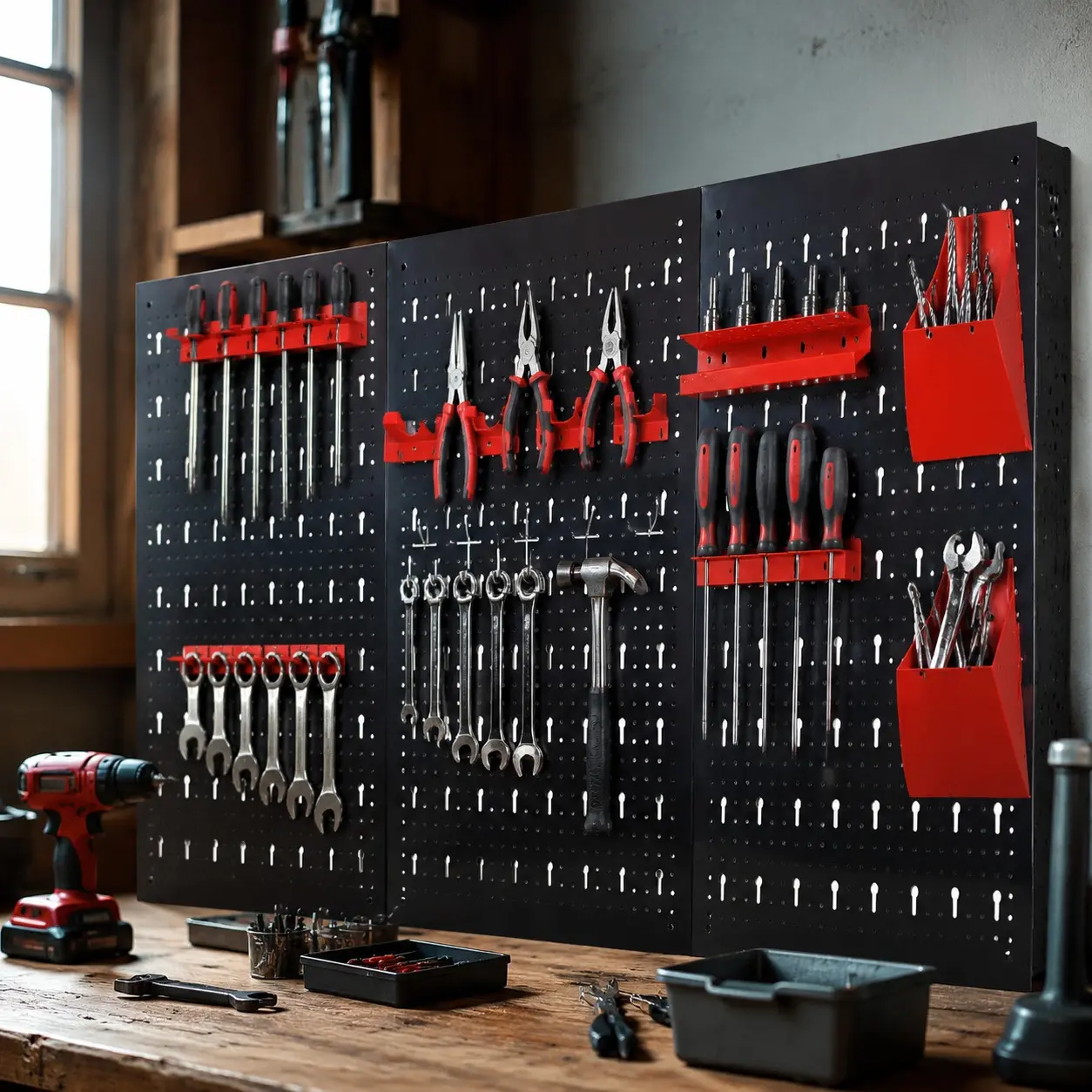 Littleox Pegboard Wall Organizer, 4ft Metal Garage Pegboard Tool Organizer w/3 Pegboards, Drill Bit Rack, Wrench Rack, Hooks Accessories, Wall-Mounted Tool Storage Pegboard for Workshop Warehouse, Black