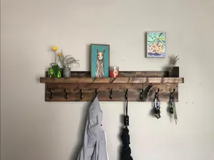 Coat Rack with Shelf, Key Holder Entryway Organizer Towel Rack, Key Hooks, Wall Mounted Leash Mask Holder, Rustic Modern With Storage