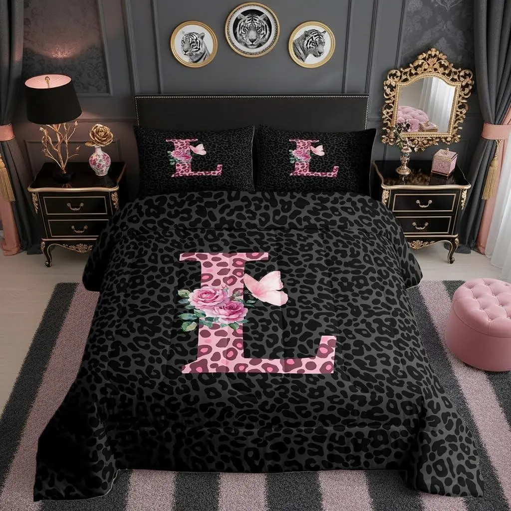 Leopard Print Comforter Set,Monogram Letter L Quilt Set Soft Bed Collection,Cheetah Skin Flower Pink Black Bedding Comforter Room Decor