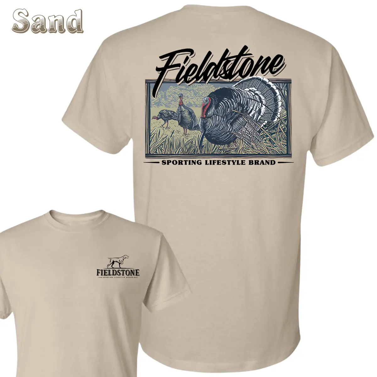 Fieldstone Turkey Hunting T-Shirt - Detailed Wild Turkey Back Print , Classic Sporting Lifestyle Brand Style , Outdoor Apparel , Casual Everyday Wear , Great Gift For Hunters Crew Neck Menswear Tops