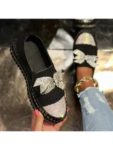 Women's Sparkly Bowknot Thick Sole Flatform Loafers One Step Tassel Flats Commuting Commuter Shoes All Match Shoes