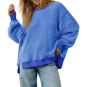 Imily Bela Women's Fall Oversized Sweatshirt Casual Waffle Knit Long Sleeve Crewneck Split Pullover Tunic Tops