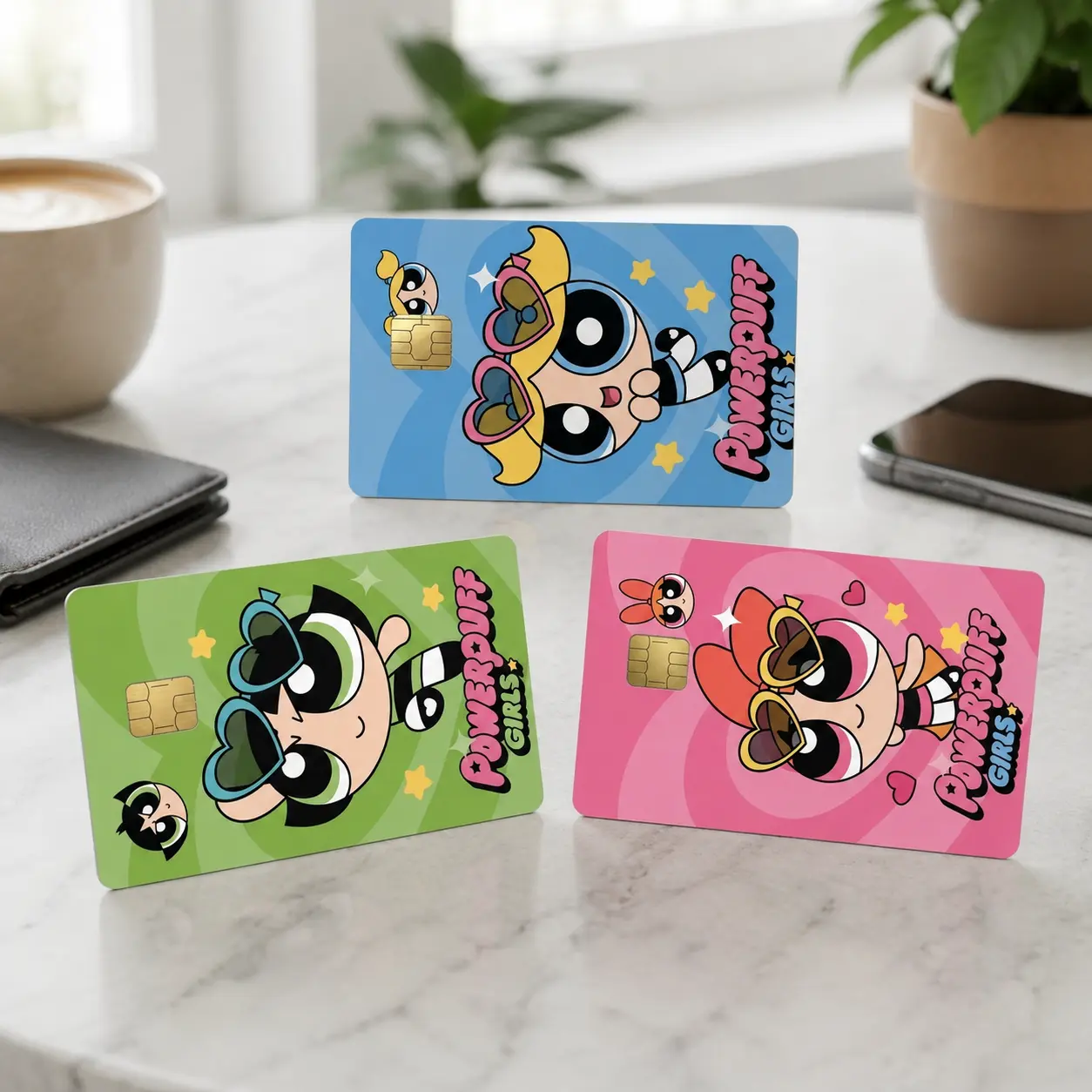 Retro 90s Cartoon Girl Credit Card Skin, Blue Pastel Superhero Sister Debit Card Cover, Heart Sunglasses Y2K Aesthetic Sticker, Cute EBT Metro Pass Decal