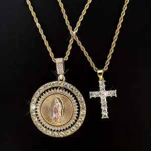 2-piece couple religious necklace set, Virgin Mary spinning pendant necklace with cross, featuring cubic zirconia, luxury Christian jewelry, religious symbol, suitable for men and women, Valentine's Day and birthday gift jewelry