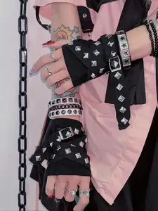 Y2K Style Punk Gloves, Gothic Wristband Buckles, Steampunk Fingerless Mittens, Riot Armwarmers, Corset Arm Warmers for Halloween