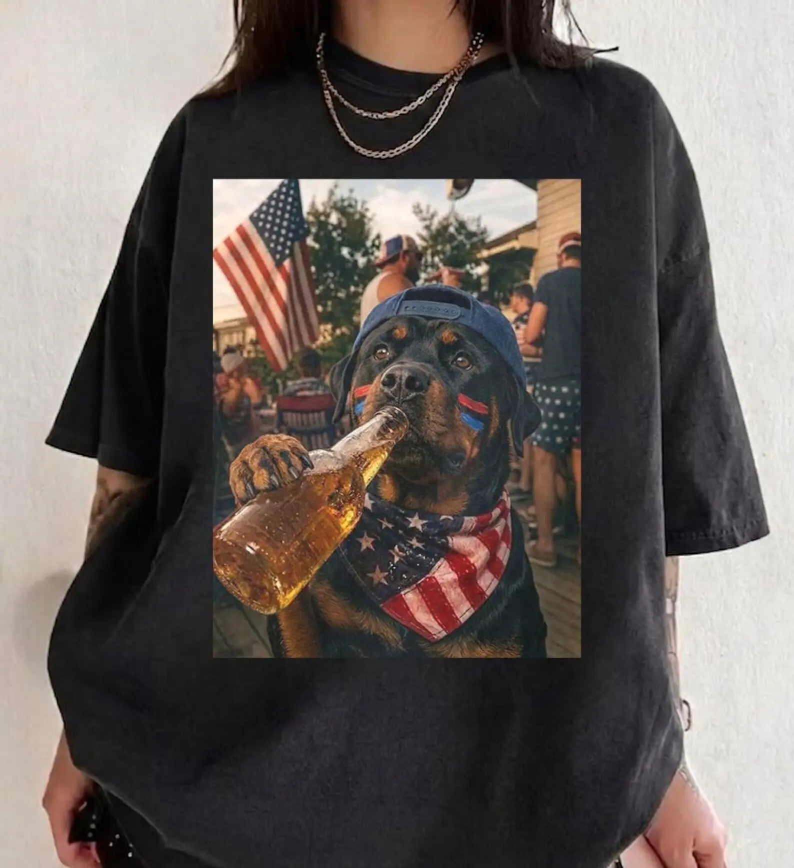 Funny Patriotic Rottweiler Drinking Beer Shirt, Silly USA Dog Tee, Vintage 4th of July Tee, Retro American Meme Tee, Independence Day Tee