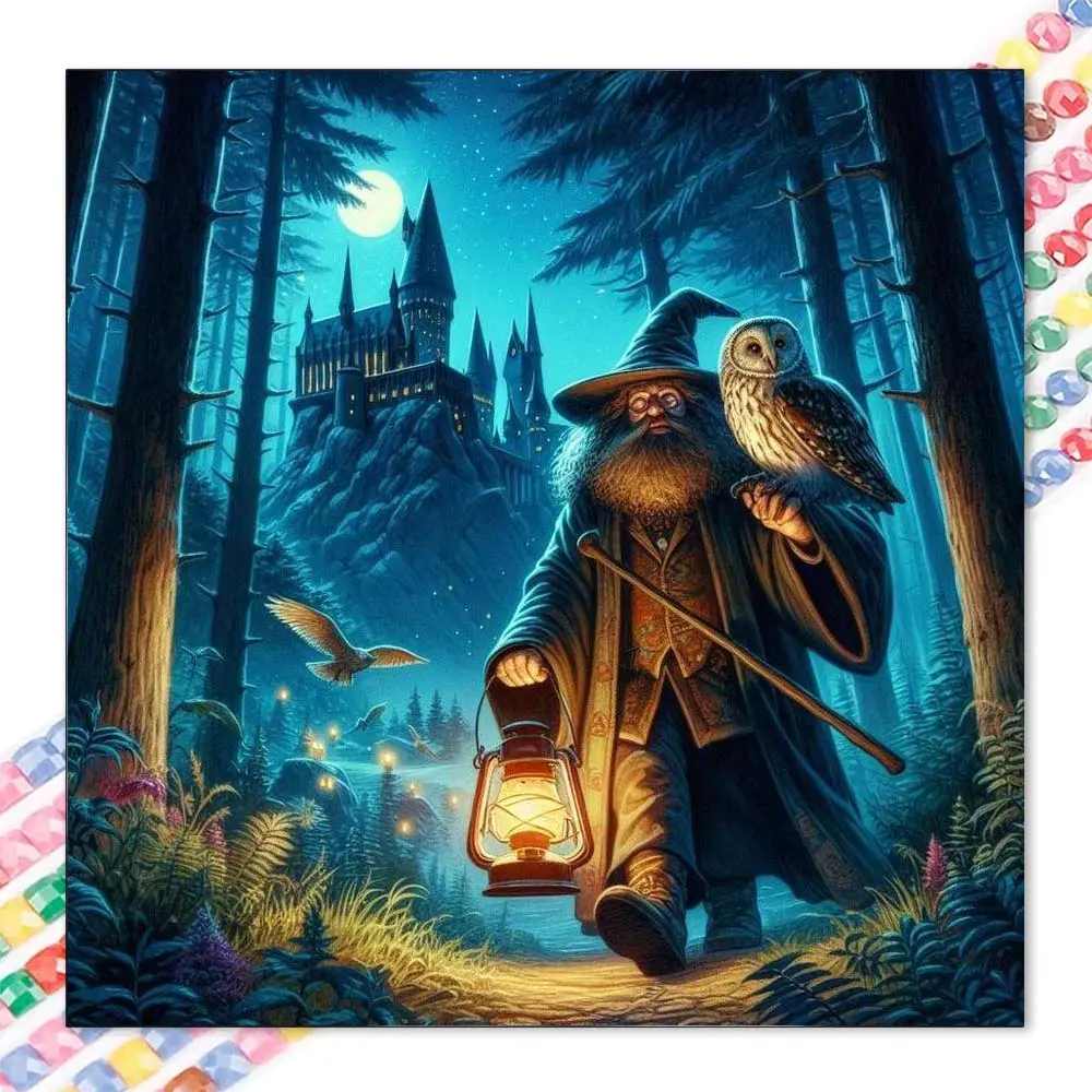 1pcs 5D DIY diamond painting kit with full round diamonds, 5D diamond art set, DIY home decor, Handicraft, wizard, owl, mosaic, diamond art, suitable for Halloween and Christmas