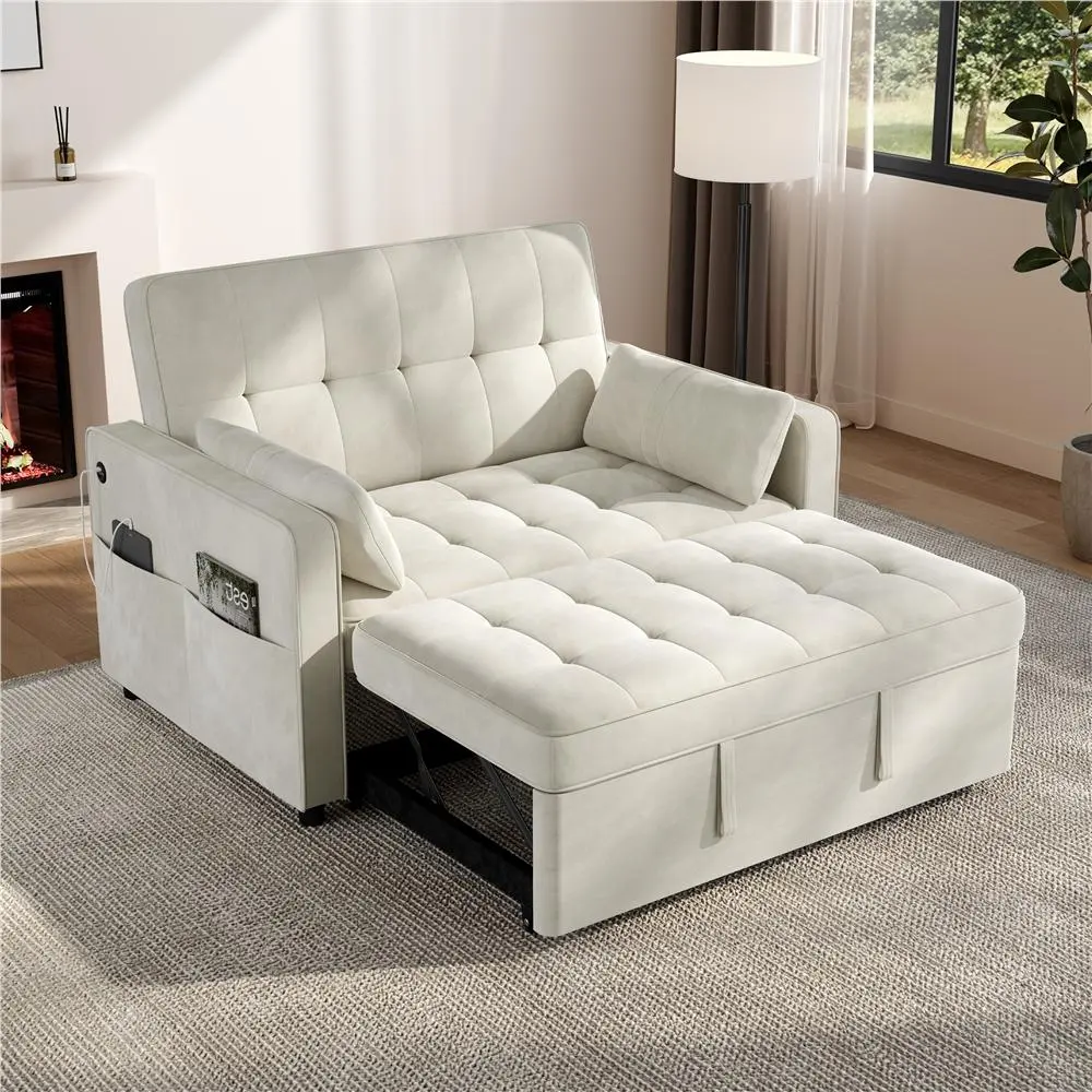 【2 Packages Delivery】Yaheetech  3-in-1 Pull-Out Sofa Bed, Convertible Pull Out Couch with Adjustable Backrest & Pillows & USB Ports & Side Pockets for Living Room, Bedroom, Studio