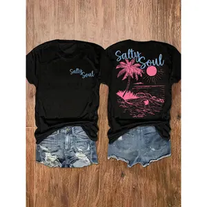 Women's Letter Print & Beach Print Crew Neck Short-Sleeve T-Shirt - Casual Vacation Clothes for Women's Tops Apparel, Shortsleeve