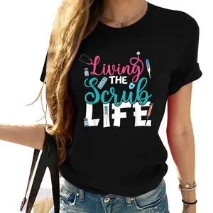Cotton Short Sleeve Womens Living The Scrub Life Funny Nurse Stethoscope Nursing Cute T-Shirt Black 2XL For Men Women
