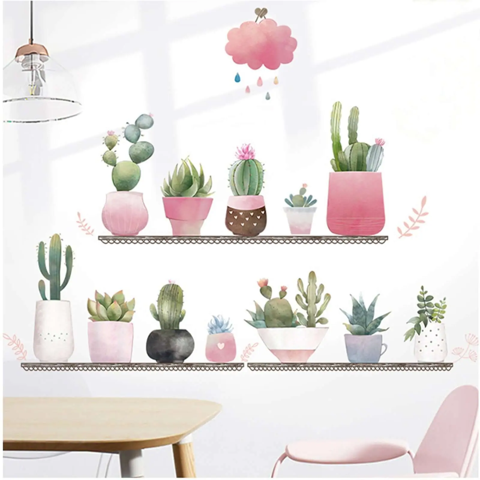 Succulent Potted Plants Shelf Wall Decals, Peel-and-Stick Whimsical Decorative Decal Stickers & Murals, Glue-Free Cute Stickers & Murals for Bedroom Room Decor, Multi-Surface Home Supplies