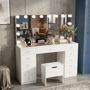 46" White-Glass Makeup Vanity Desk With Whole Lighted Mirror (14 Bulbs), Power Outlet, 3-Color Adjustable Lighting, 11 Large Drawers & Soft Stool, Christmas Gift For Girls Women