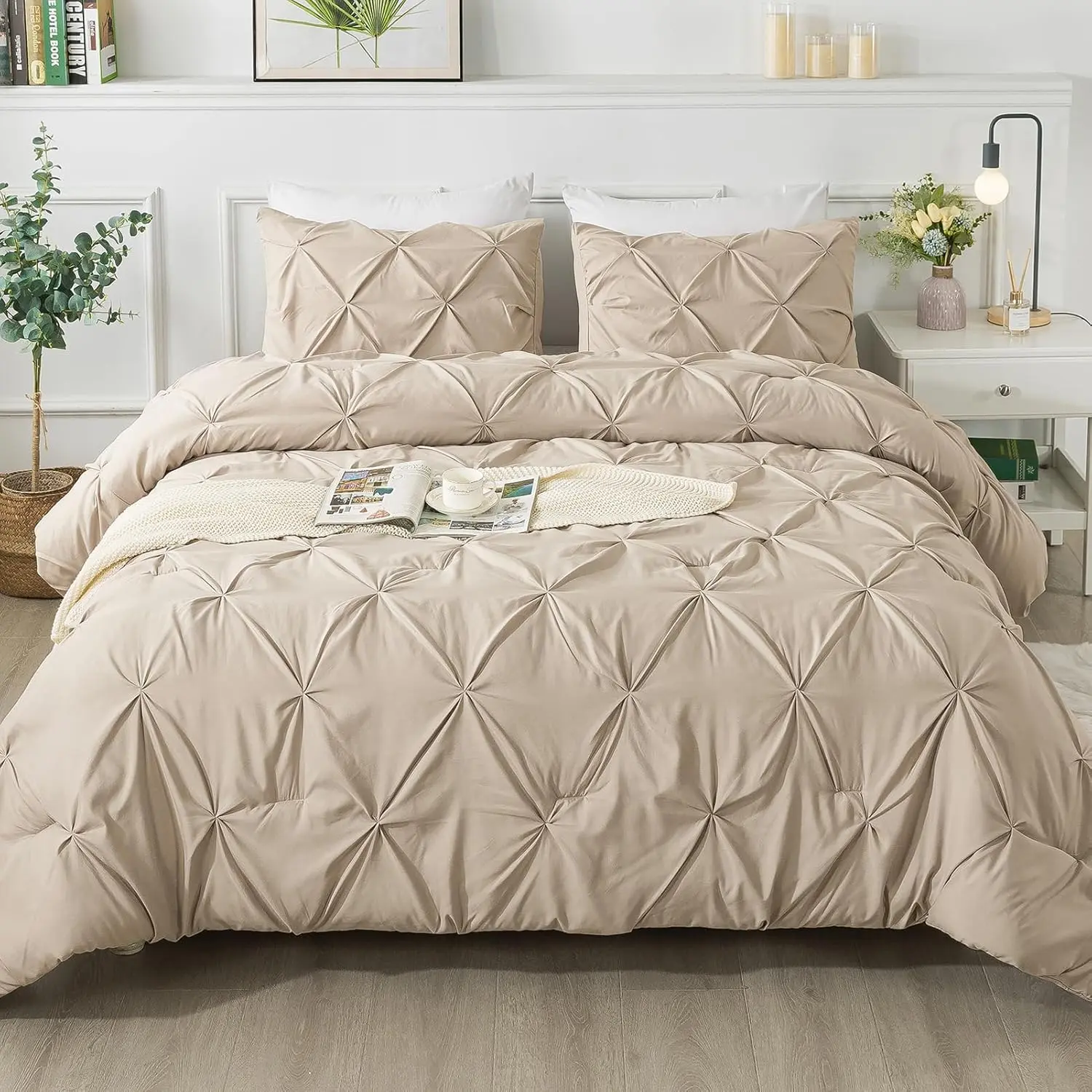 California King Comforter Khaki (104x96Inch), Pinch Pleat Cal King Comforter 3, Oversized King Pintuck Comforter, Microfiber Down Alternative Comforter