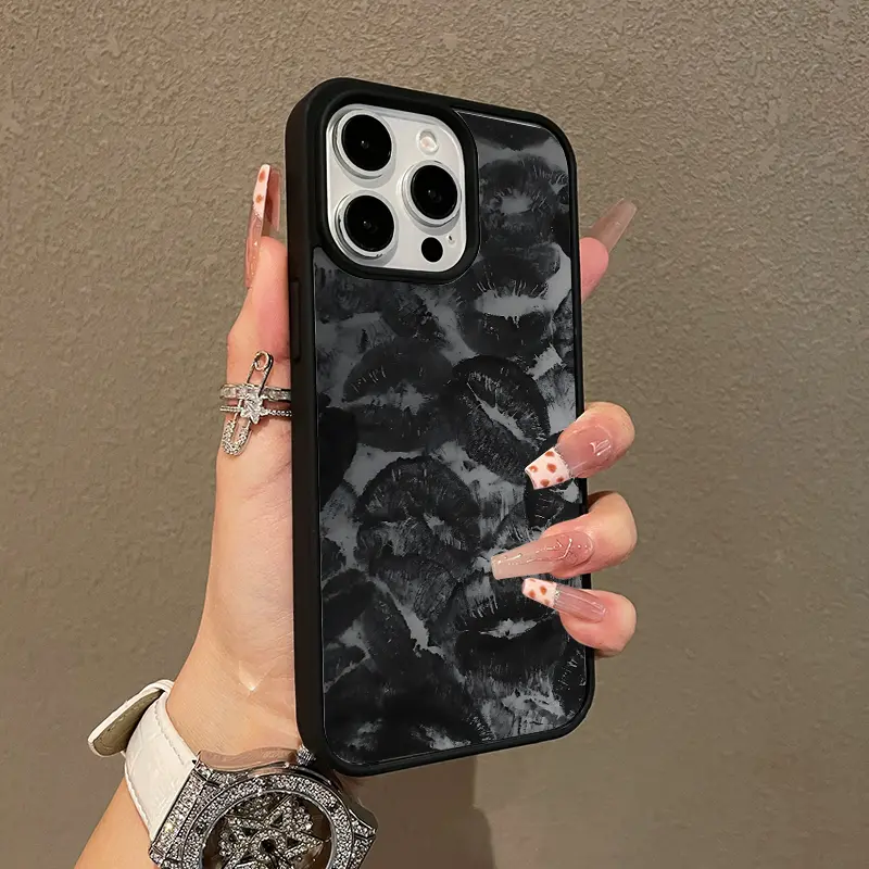 Magnetic Stylish Soft TPU Silicone Smartphone Case with Magnetic Closure for iPhone 16 E Pro Max,15 Plus,14,13,12,11,XS,XR - Black Lip Prints Aesthetic, Anti-Drop, Lightweight, Girly Mobile Phone Accessories