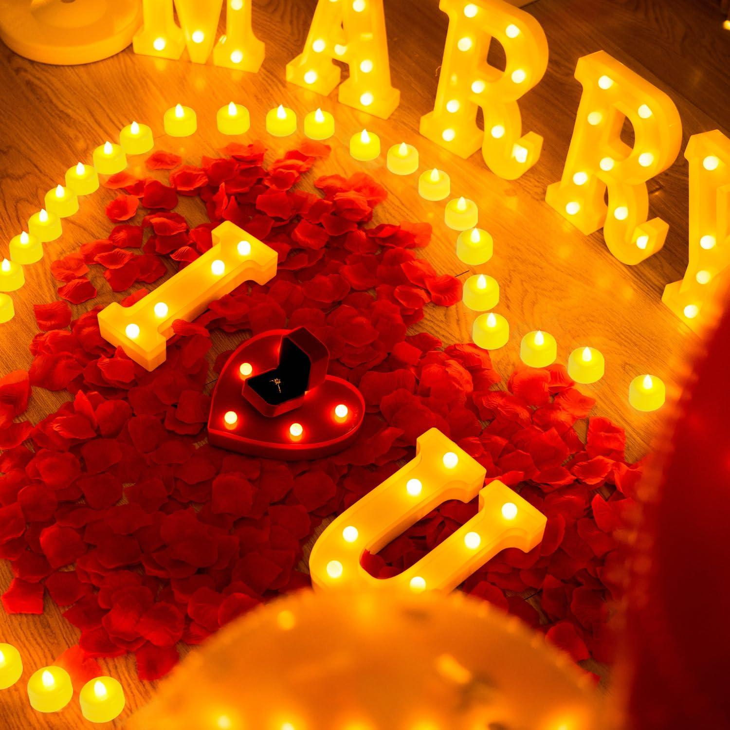【Mother's Day 】I Love U Light Up Letters Proposal Decorations, I Love U Sign with 24Pcs Flameless Candles 1000Pcs Red Fake Rose Petals 30Pcs Red Balloons for Valentine's Day Wedding Proposal Romantic Night