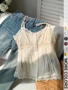 Women's Solid Color Lace Patchwork Button Design Summer Tank Top, Stylish and Comfortable, Perfect for Warm Weather