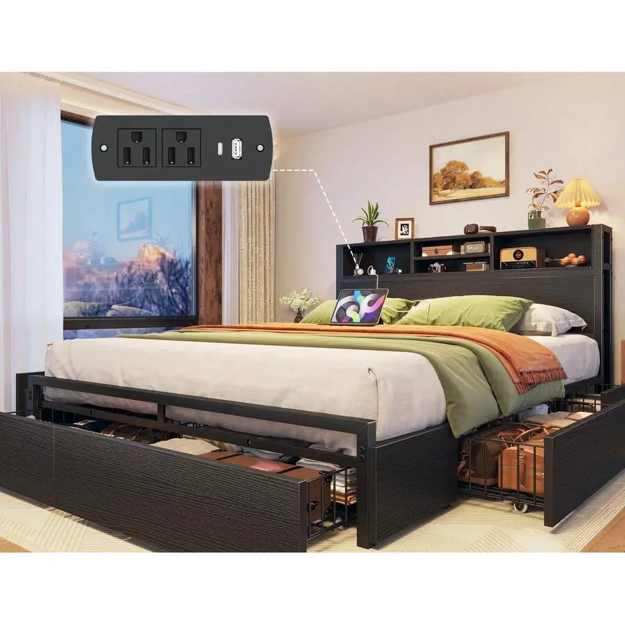 Bed Frame  6 Storage Drawers & Charging Station Metal Platform Bed Frame  Bookcase Headboard,No Noise,Black Portable Tent with Mat